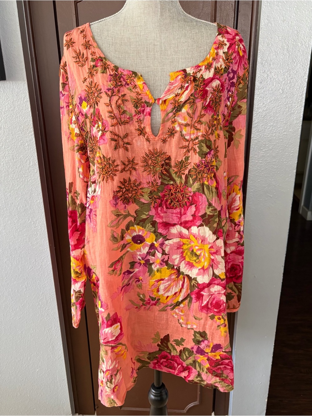 Simi Pink Floral Cotton Embroidered Tunic Top